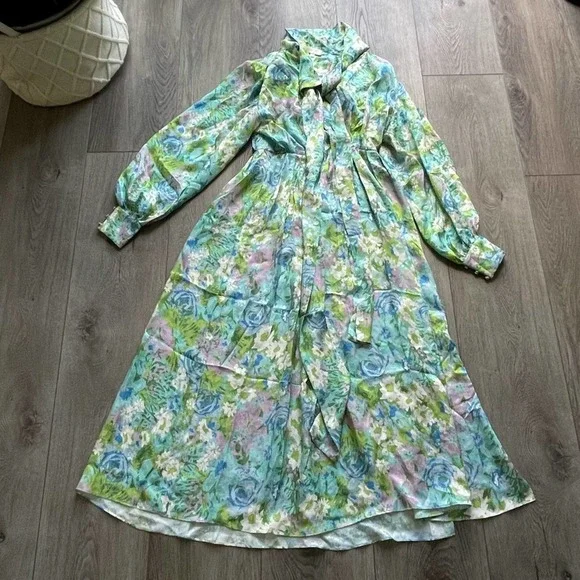 Ronny Kobo Collection | Dresses | Ronny Kobo Green Floral Print Long Sleeve  Neck Tie Silk Maxi Summer Sun Dress | Poshmark